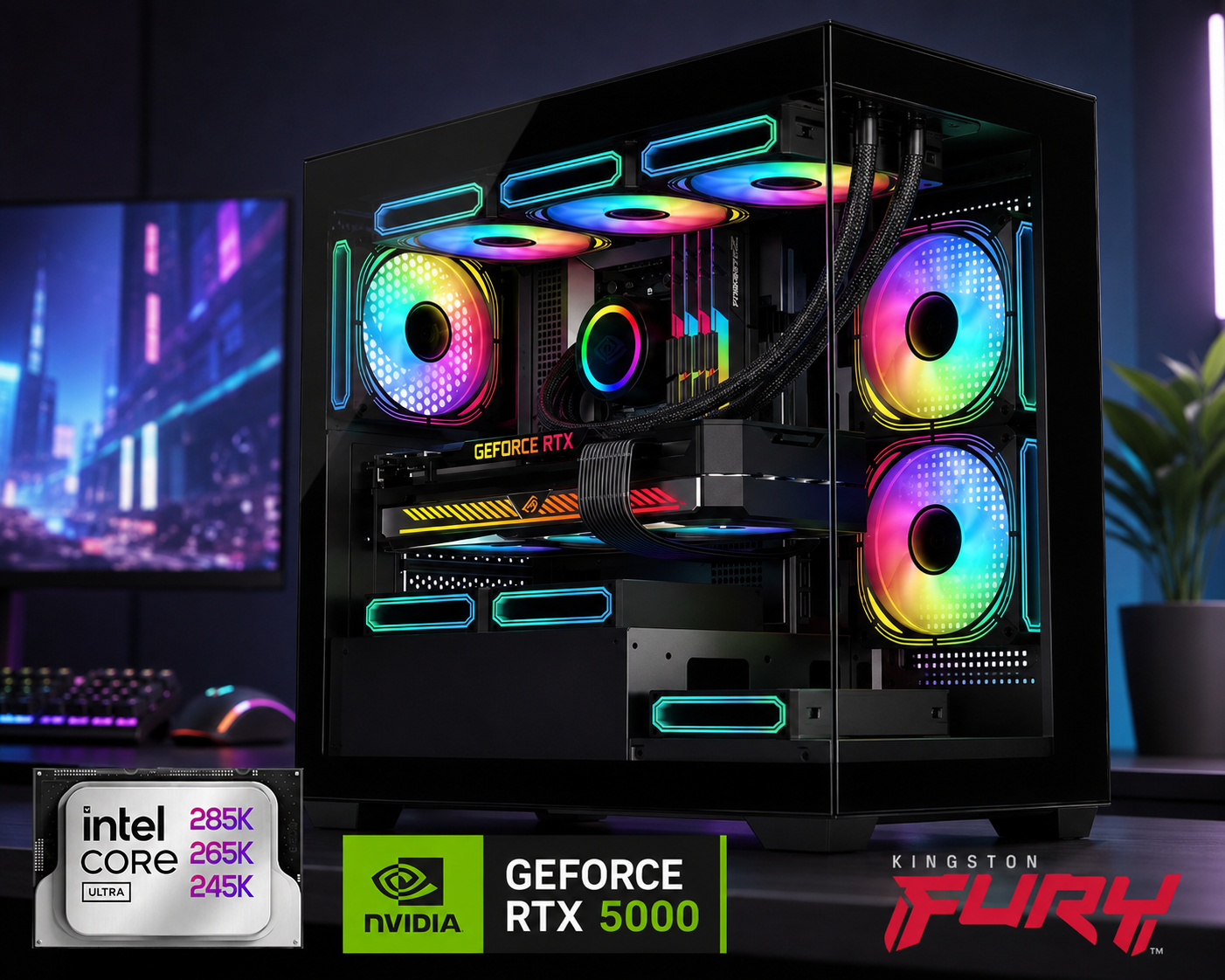 Premium black gaming desktop with RGB lighting, Intel Core Ultra processor, GeForce RTX 5080 graphics card, Kingston FURY DDR5 memory, and 360mm AIO liquid cooling.