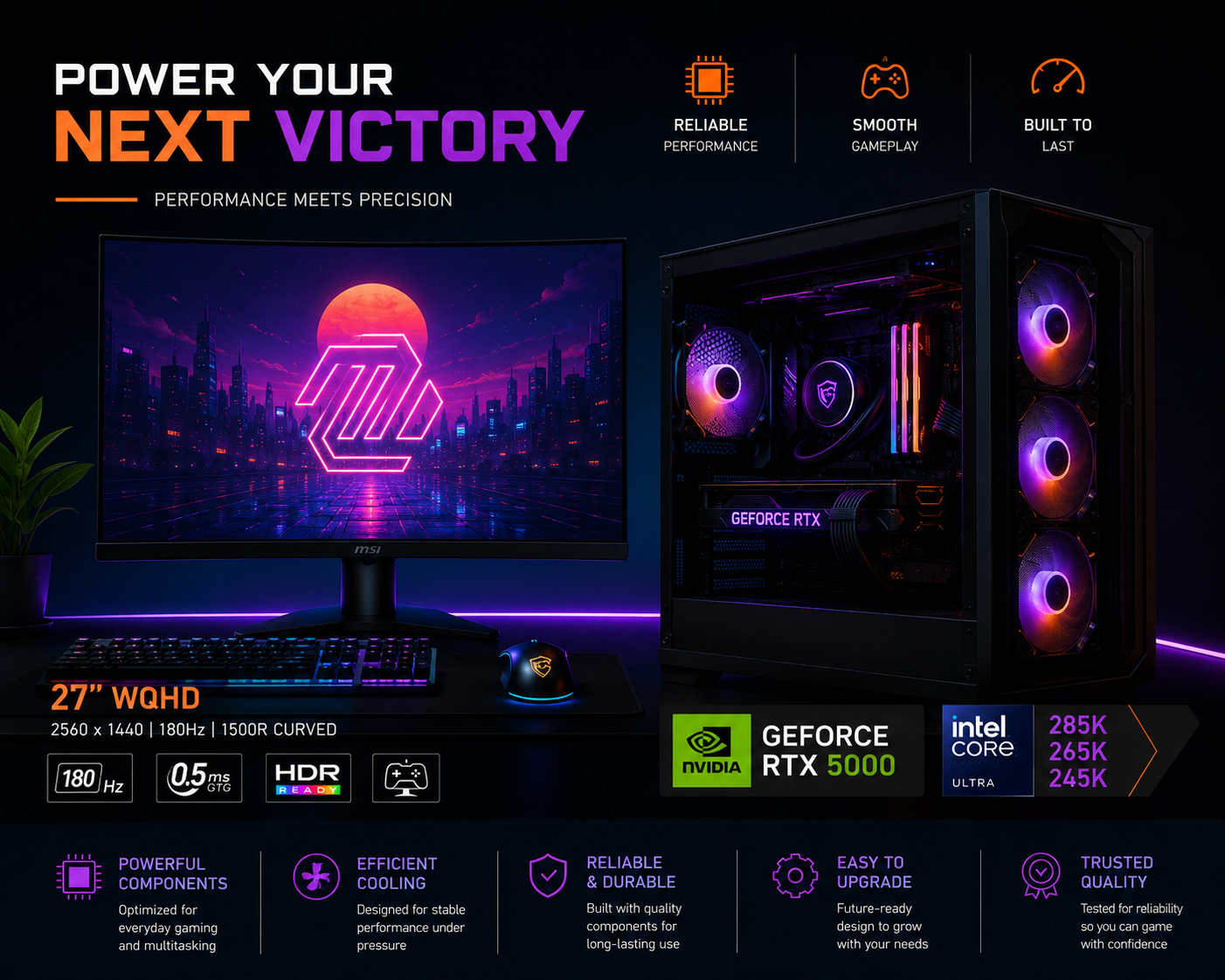 Intel Core Ultra 7 265KF gaming PC with RTX 5070 Ti 16GB, 32GB DDR5 RAM, 1TB NVMe SSD and MSI 27-inch 2K 180Hz curved gaming monitor